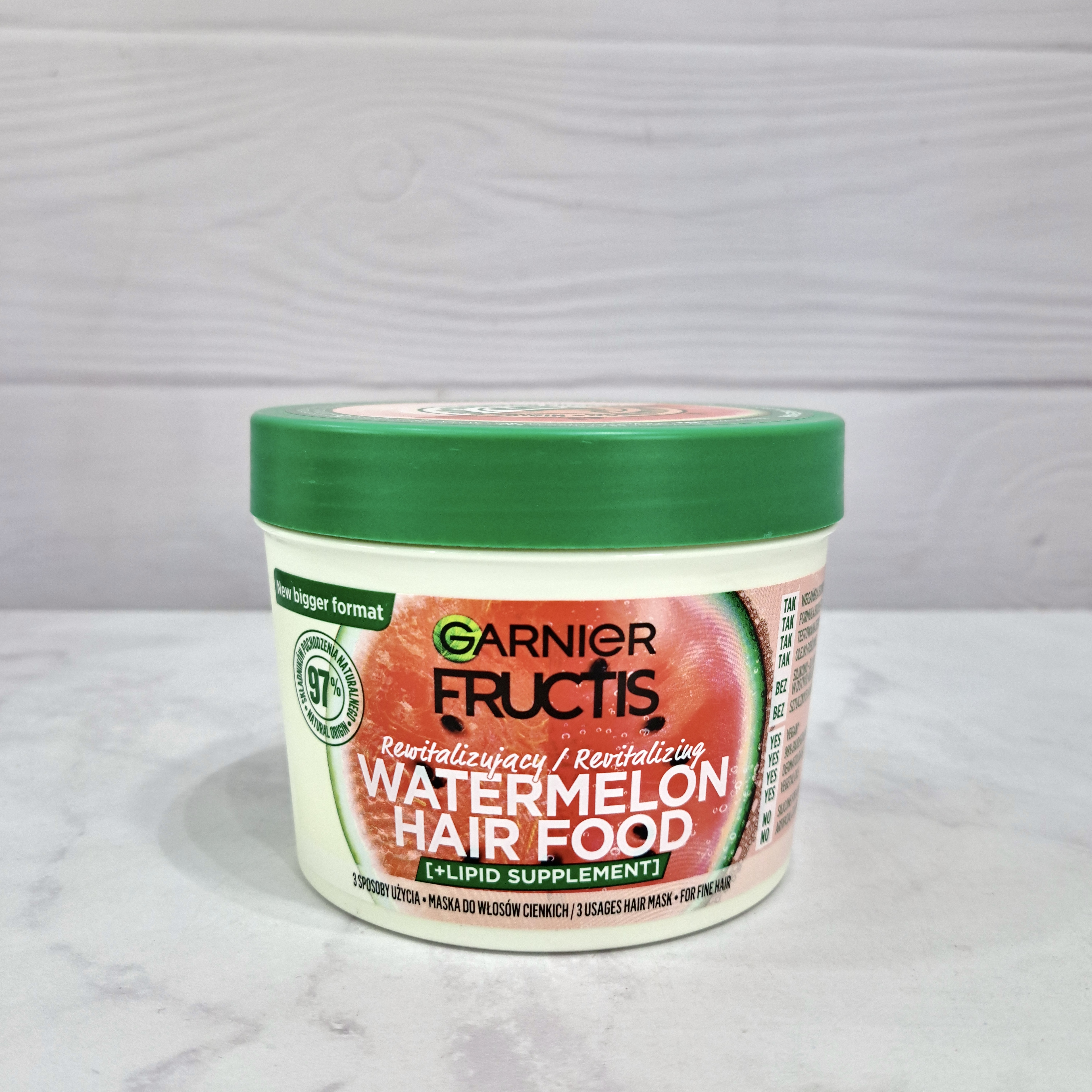 ماسک مو حجم‌دهنده و تقویت‌کننده گارنیر مدل Fructis Hair Food Watermelon مخصوص موهای نازک 400 میلی‌لیتر