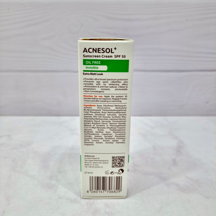 کرم ضد آفتاب آردن سان مدل Acnesol+ SPF 50 پوست چرب ۵۰ میلیلیتر