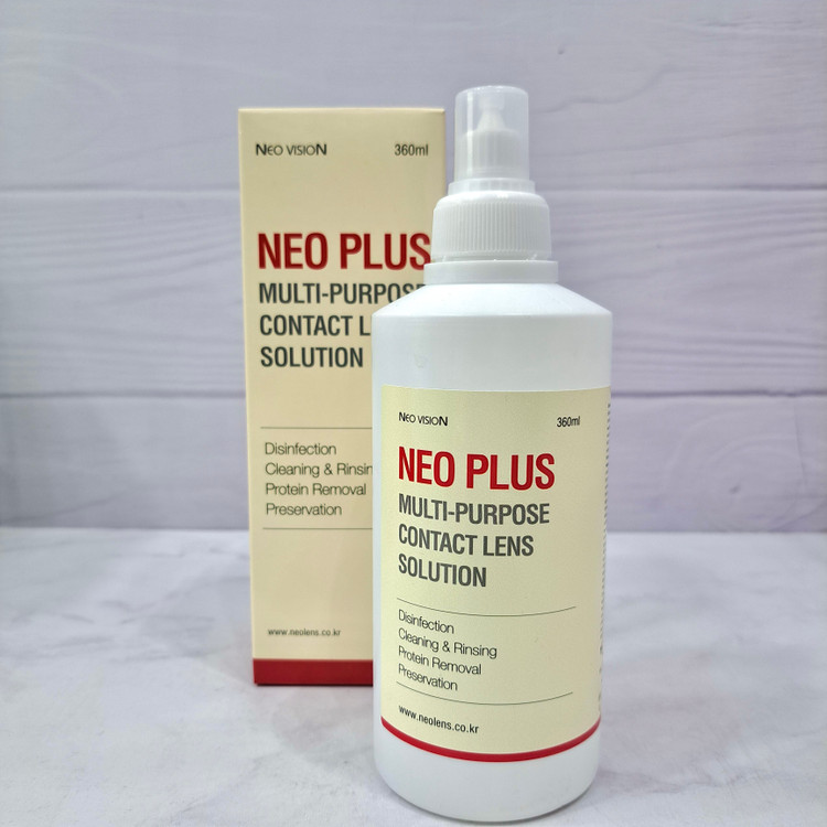 محلول چندمنظوره لنز تماسی نئو ویژن Neo Plus حجم ۳۶۰ میل | پاککننده، ضدعفونیکننده و نگهدارنده لنز